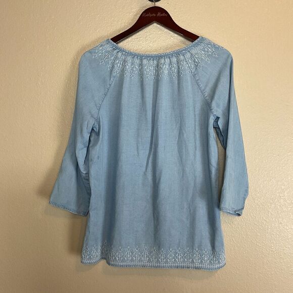 J Jill Denim Womens Chambray Embroidered Top Size M Blue Long Sleeve Tassel Boho - Picture 3 of 12